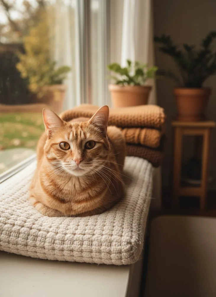 Orange getigerte Katze auf einem Kissen am Fenster