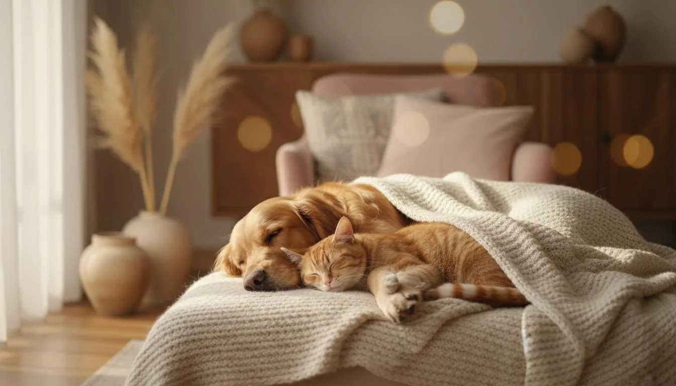 Hund und Katze kuscheln gemeinsam auf einer weichen Decke